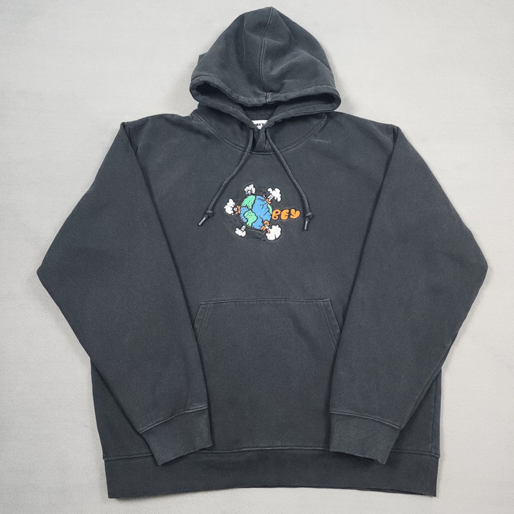 Obey Hoodie Mens XL Faded Black Embroidered Earth Globe Streetwear Skate